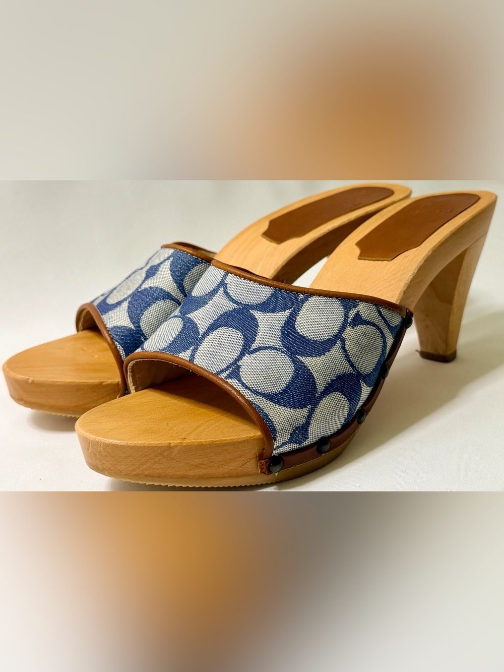 Vintage Coach Brenda Blue Signature C Wood Clog Mules Slides Heels Size 8 Y2K